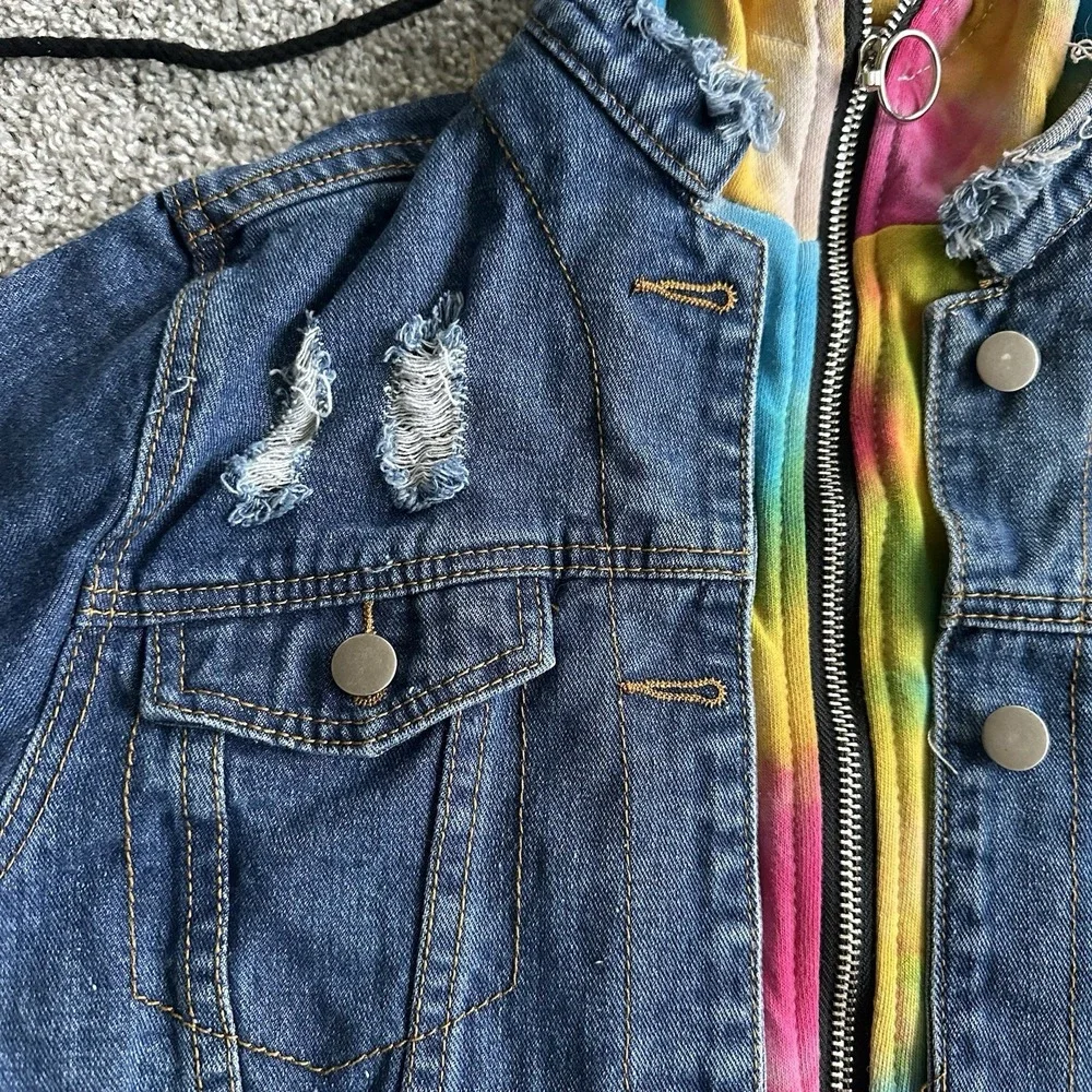 American Bazi Hooded‎ Denim women Jacket With Tie-Dye Trim cropped distressed